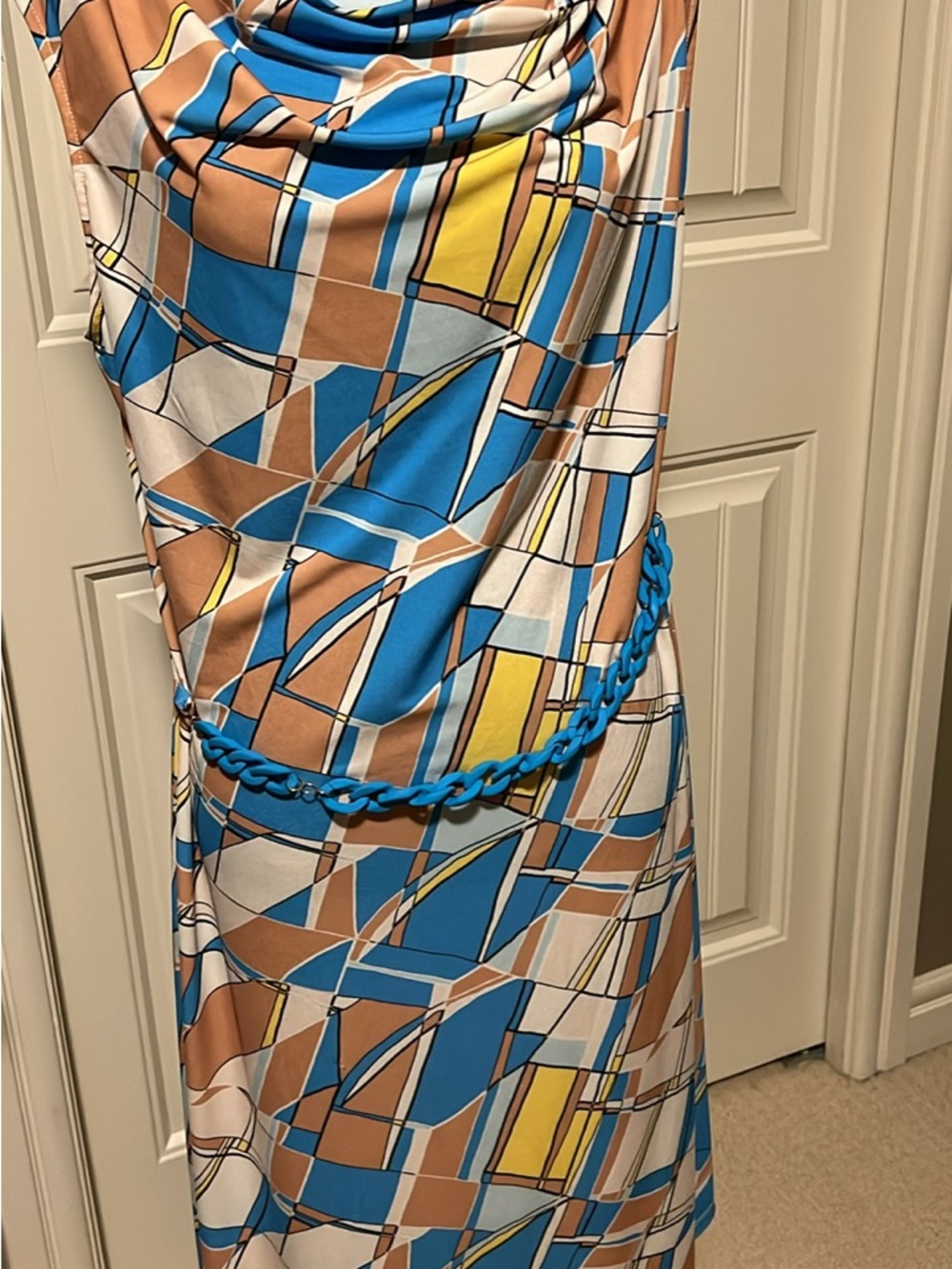 H by Halston Blue, Tan & White Geometric Maxi Dress